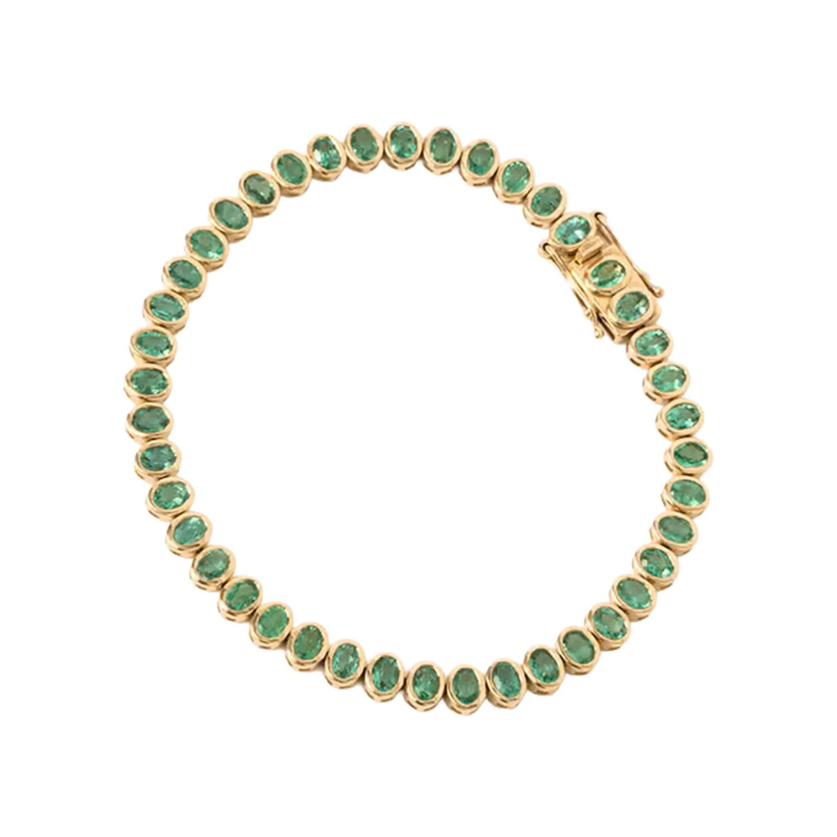 A gold tennis bracelet featuring round-cut green emerald-cut gemstones, displayed on a clean white background.