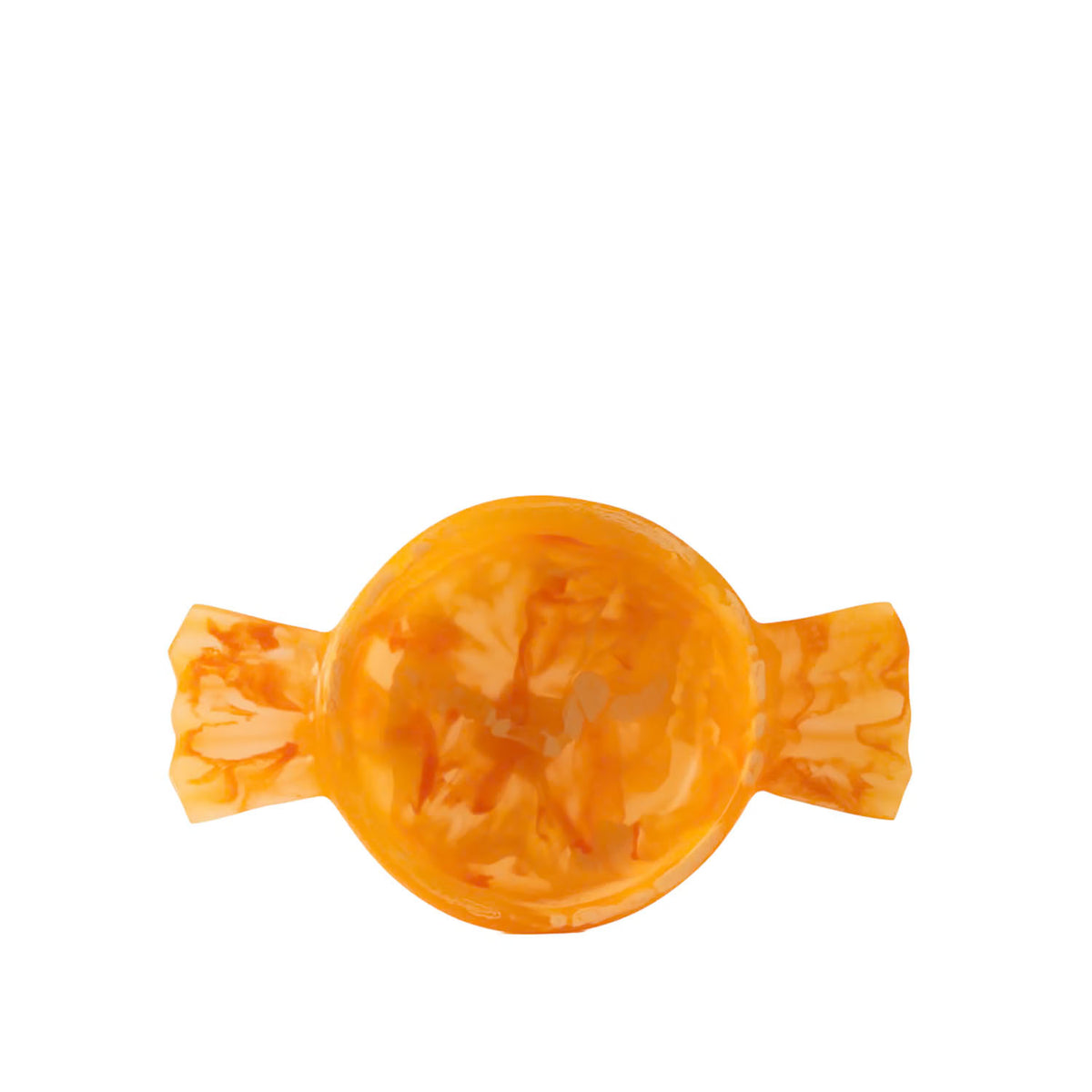 An orange marbled resin bowl designed to look like a wrapped candy, centered on a plain white background.