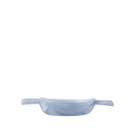 A small light blue ceramic dish with two handles, shown against a solid white background.