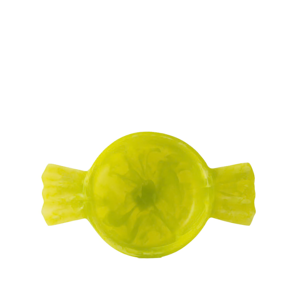 A translucent lime-yellow candy-shaped object with a round center and two twisted side tabs, shown on a plain white background.