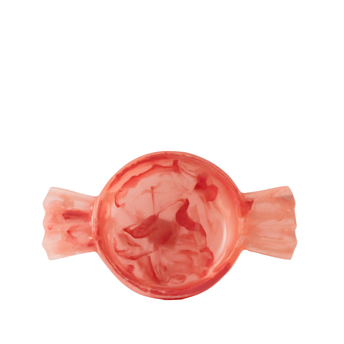 A translucent coral-pink ring with a textured, organic marbled pattern, shown against a solid white background.