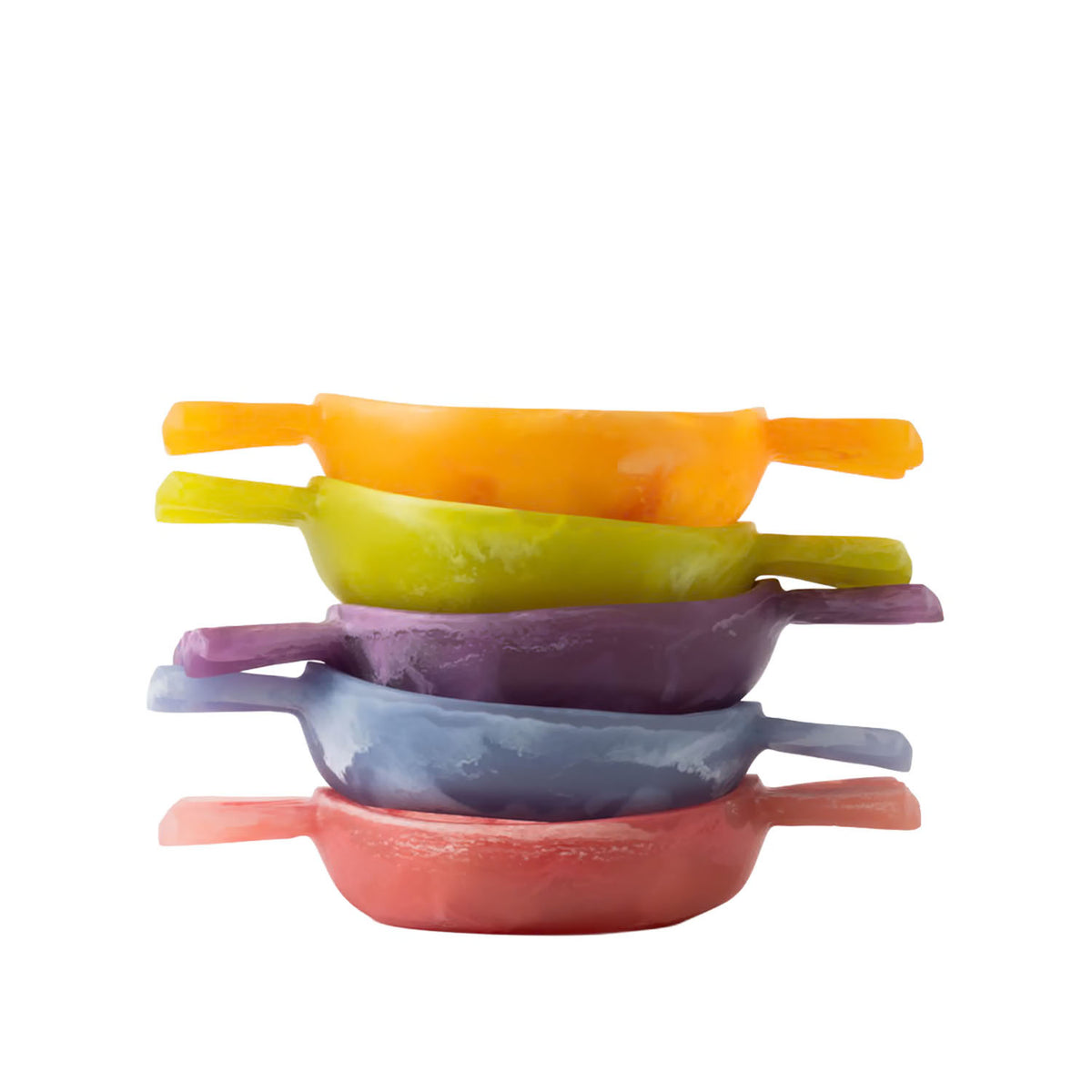 A stack of five small, colorful, handleless bowl-like dishes in orange, lime green, purple, dusty blue, and coral pink, isolated on a white background.