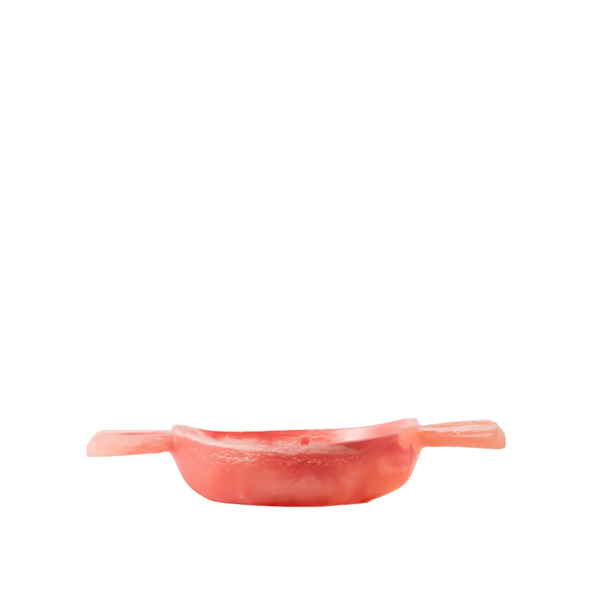 A small translucent cheery colored dish with two short handles, shown against a plain white background.