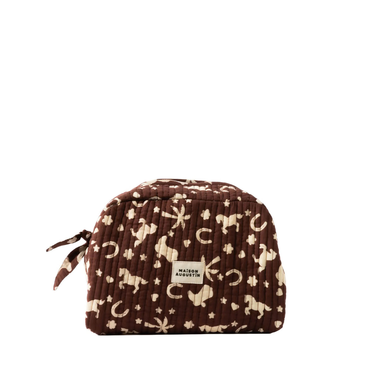 A brown and beige quilted cosmetic pouch with a western-themed print of horses, horseshoes, and stars, featuring a small 'MAISON AUGUSTIN' brand label on the front.