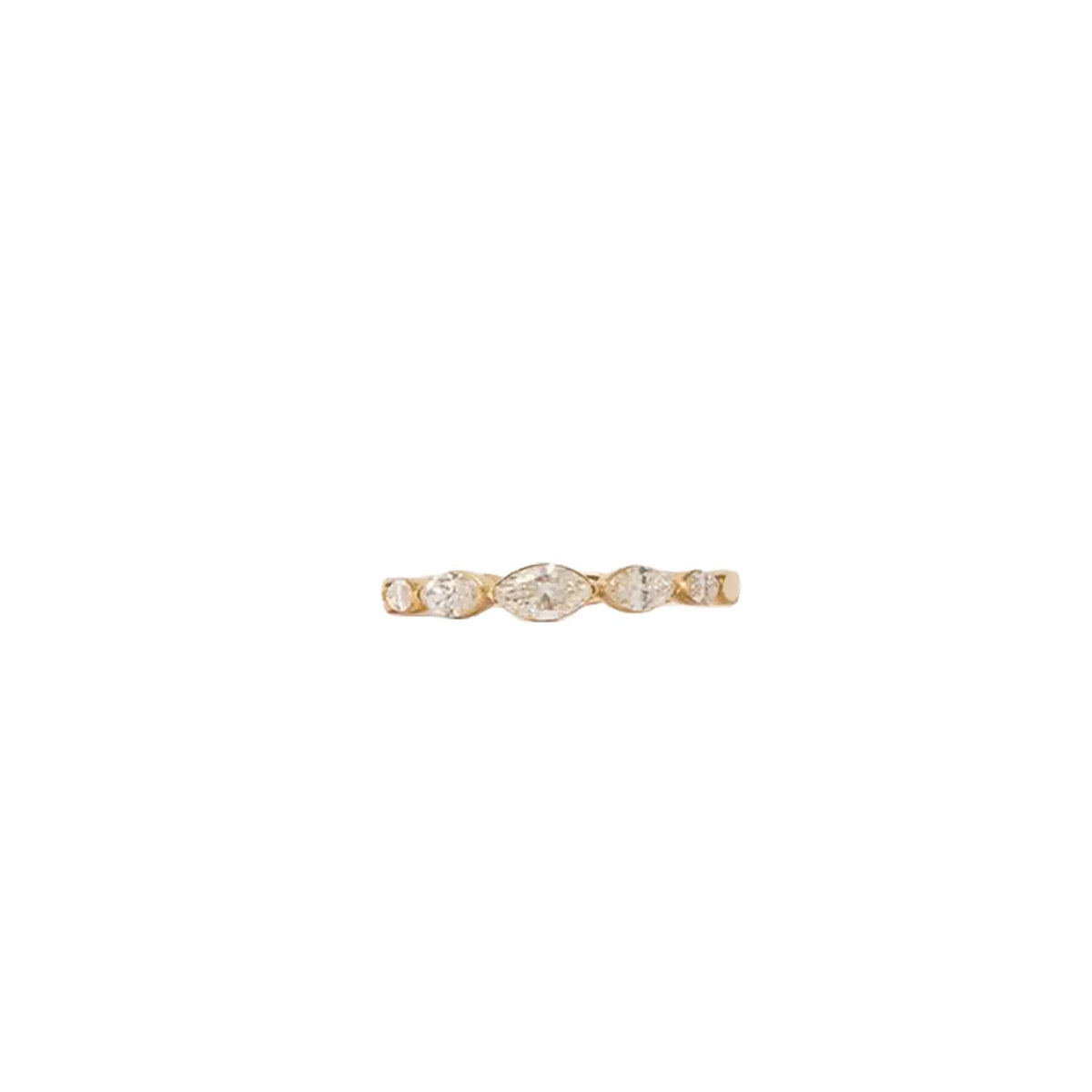 14k Gold diamond eternity band on a white background.