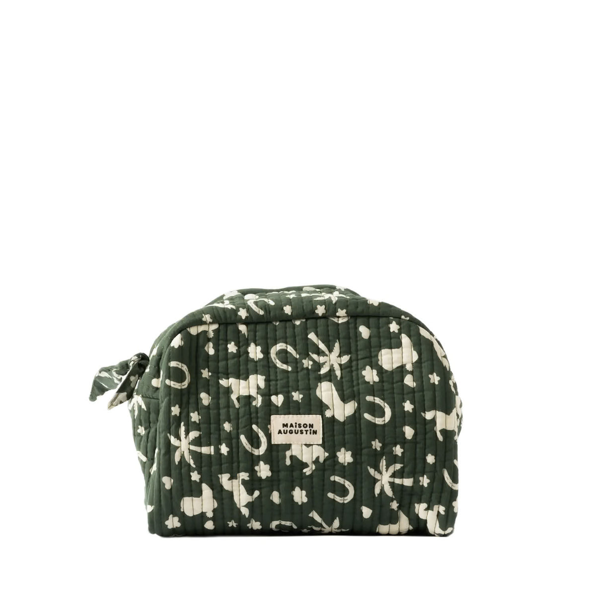 A quilted cosmetic pouch in dark green with a cream-colored animal and nature print, featuring a small white brand label that reads 'MAISON AUGUSTIN'.