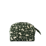 A quilted cosmetic pouch in dark green with a cream-colored pattern of horses, stars, and crescent moons, shown on a plain white background.