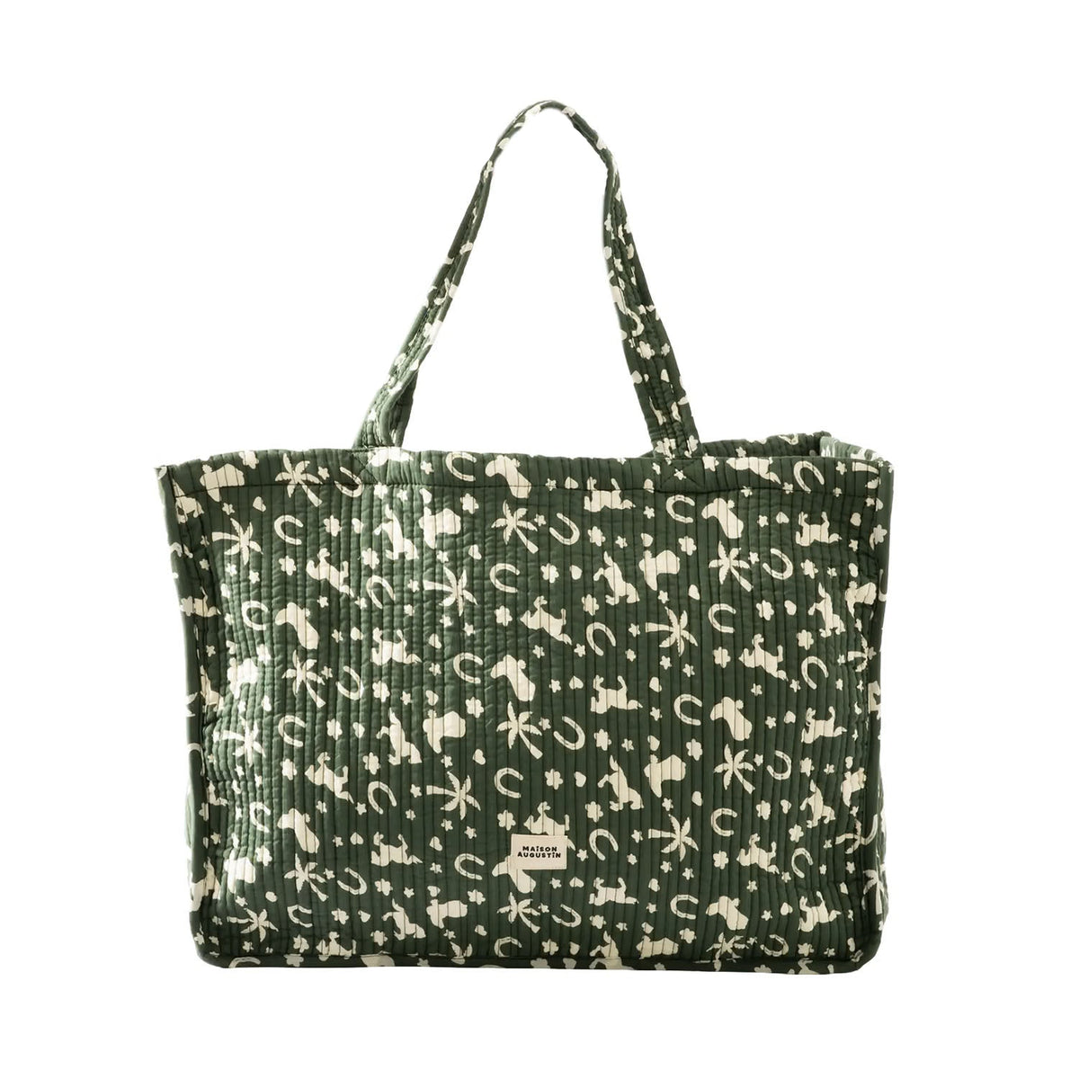 A dark green crinkled tote bag with a cream-colored pattern of horseshoes, stars, and stars-and-stripes motifs, featuring a small brand patch on the front.