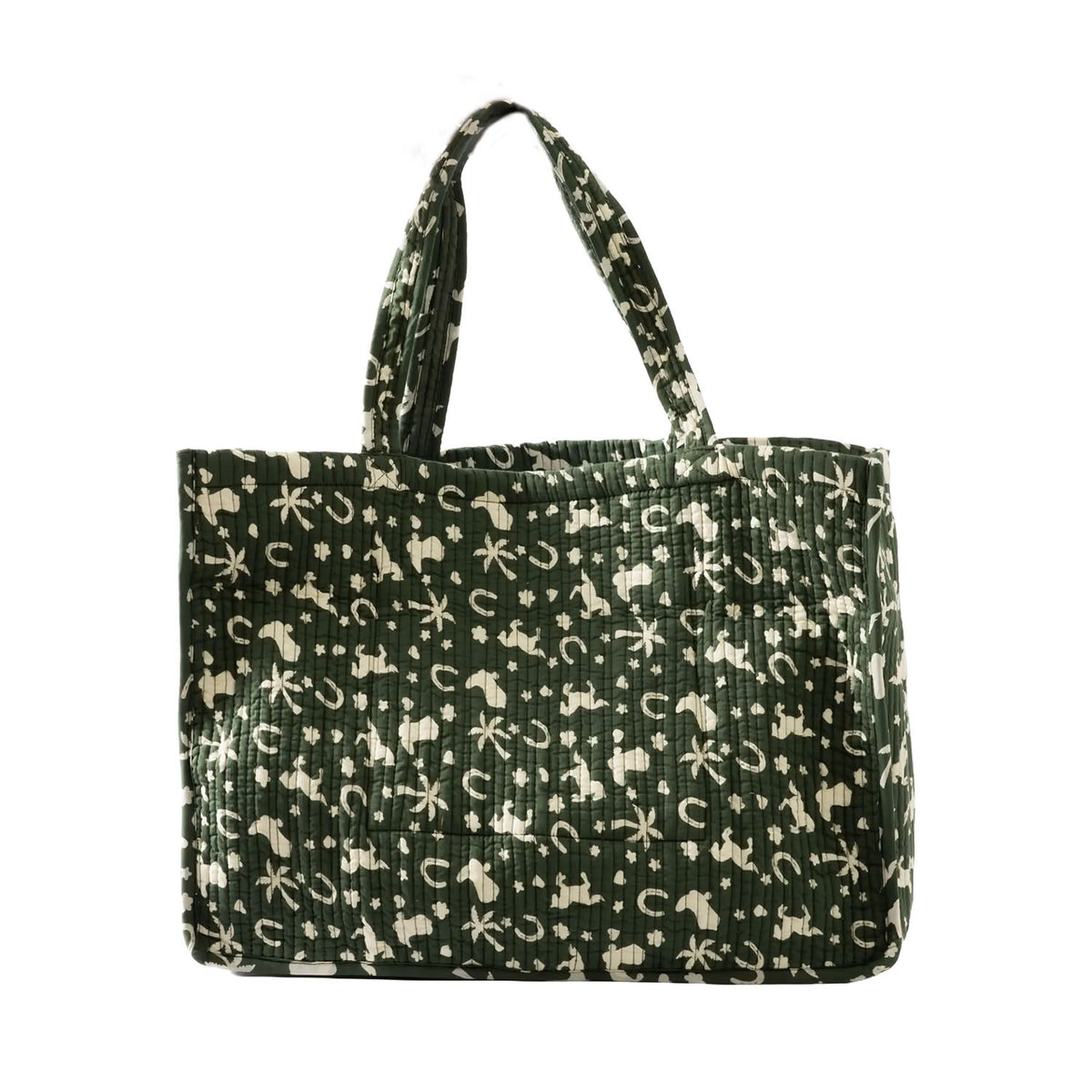 A dark green tote bag with a white western-themed print of horseshoes, stars, and dots, featuring two top handles, shown against a plain white background.