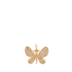 A gold butterfly pendant embellished with pavé-set clear stones, shown against a plain white background.