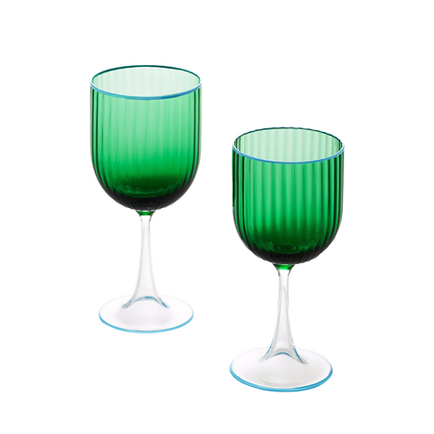 Emerald Wine Glass with ridges on the top of the glass. Two glasses side by side