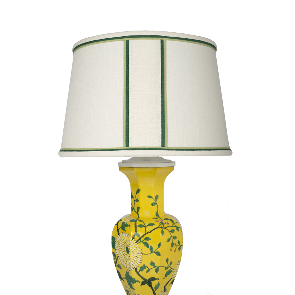 Yellow Porcelain Lamp with Custom White and Green Shade