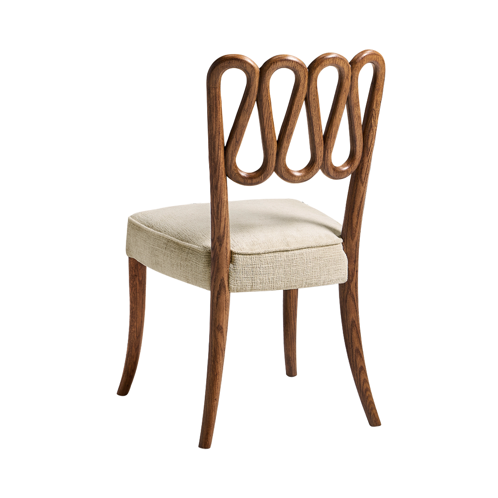 Wooden chair with unique back design on a white background