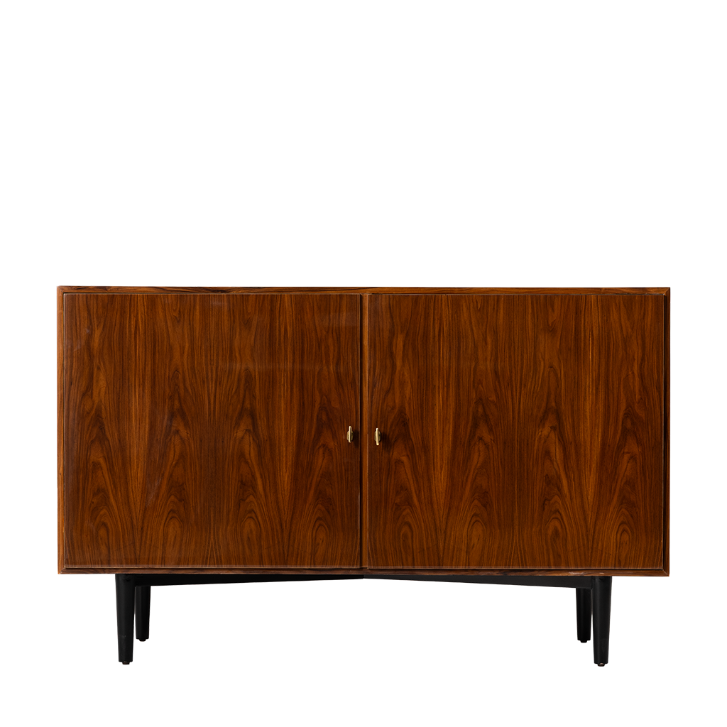 Wooden sideboard with two doors on a white background