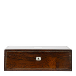 A rectangular wooden chest or box with a dark polished wood grain finish, featuring a small silver metal keyhole on the front, shown against a plain white background.