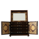 Antique jewelry box with ornate mother of pearl inlay and two open doors with gold details.