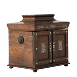 Antique jewelry box with ornate mother of pearl inlay and two doors.