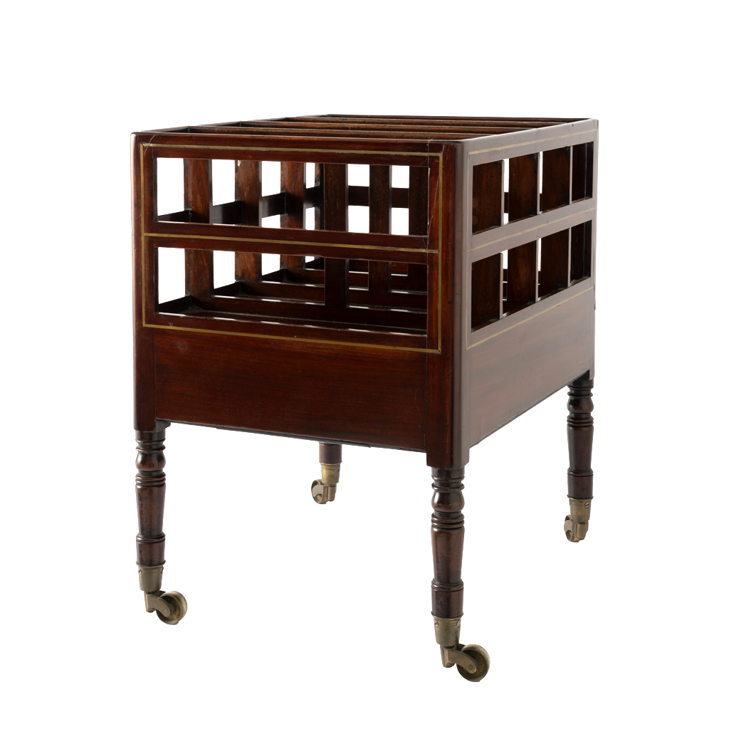 A dark brown wooden rolling side table or cart with a slatted front and back, turned legs, and brass caster wheels, shown on a plain white background.