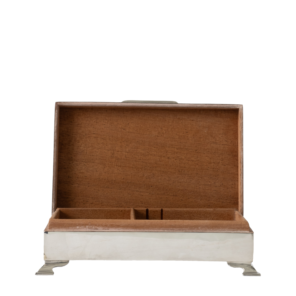 An open silver jewelry box with wood-lined interior and a silver-toned metal base and feet, shown against a plain white background.