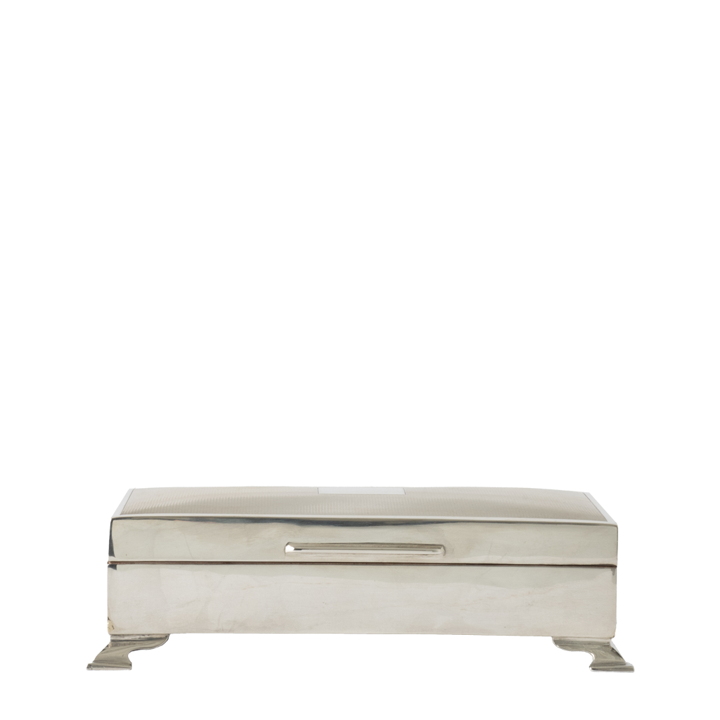 A polished silver rectangular box with a hinged lid, a central horizontal handle, and small feet at the bottom, shown against a plain white background.