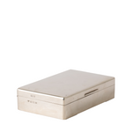 A rectangular silver metal box with a hinged lid, photographed on a plain white background.