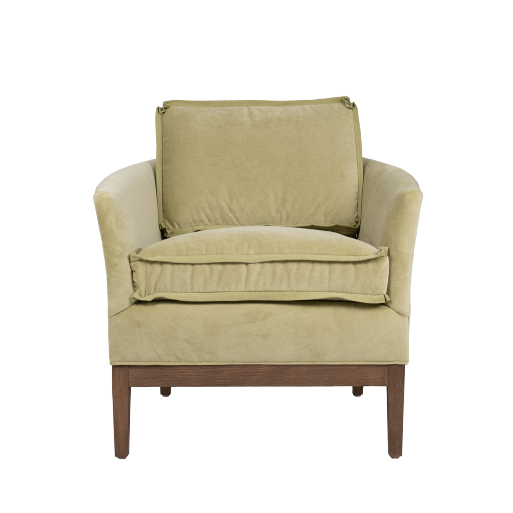 light green velvet chair with wood legs