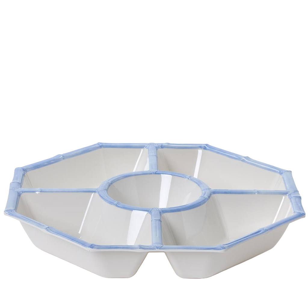 White serving tray with blue rim on a white background