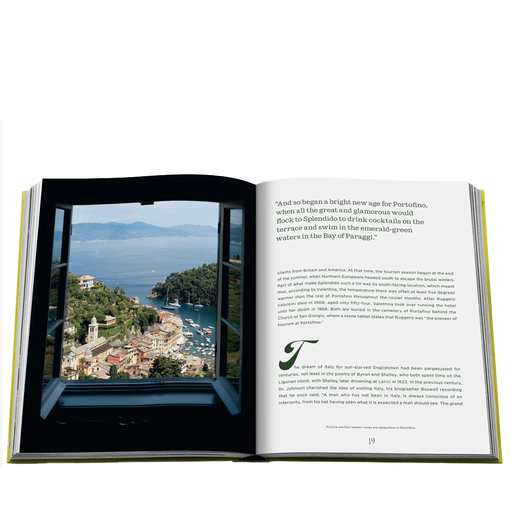 Open book with a scenic photograph on one page and text on the other, set against a white background.
