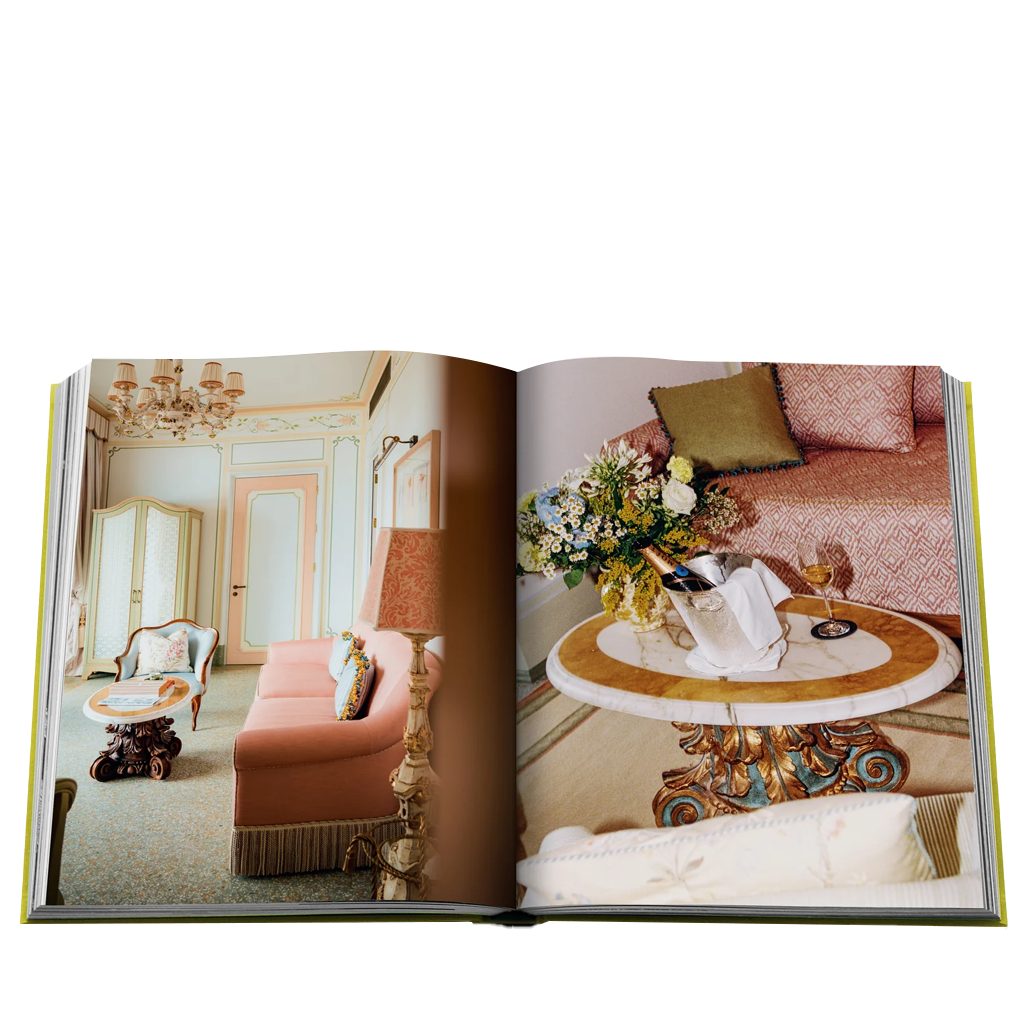 Open book showing a decorated interior with furniture and decor.