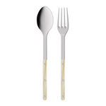 Stainless steel spoon and fork with beige handles on a white background