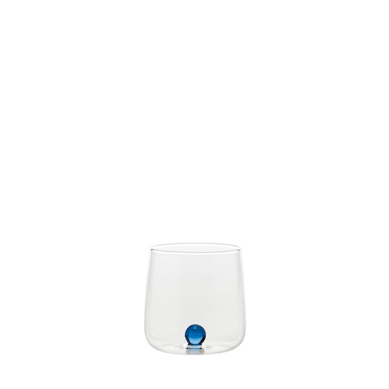 Clear glass tumbler with a blue accent on a white background