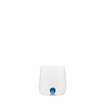Clear glass tumbler with a blue accent on a white background