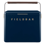 A navy blue FIELDBAR cooler with gold lettering, rounded edges, and a slim gold latch is shown against a white background. It features a curved metal handle wrapped with a brown leather grip, giving it a modern, premium appearance.