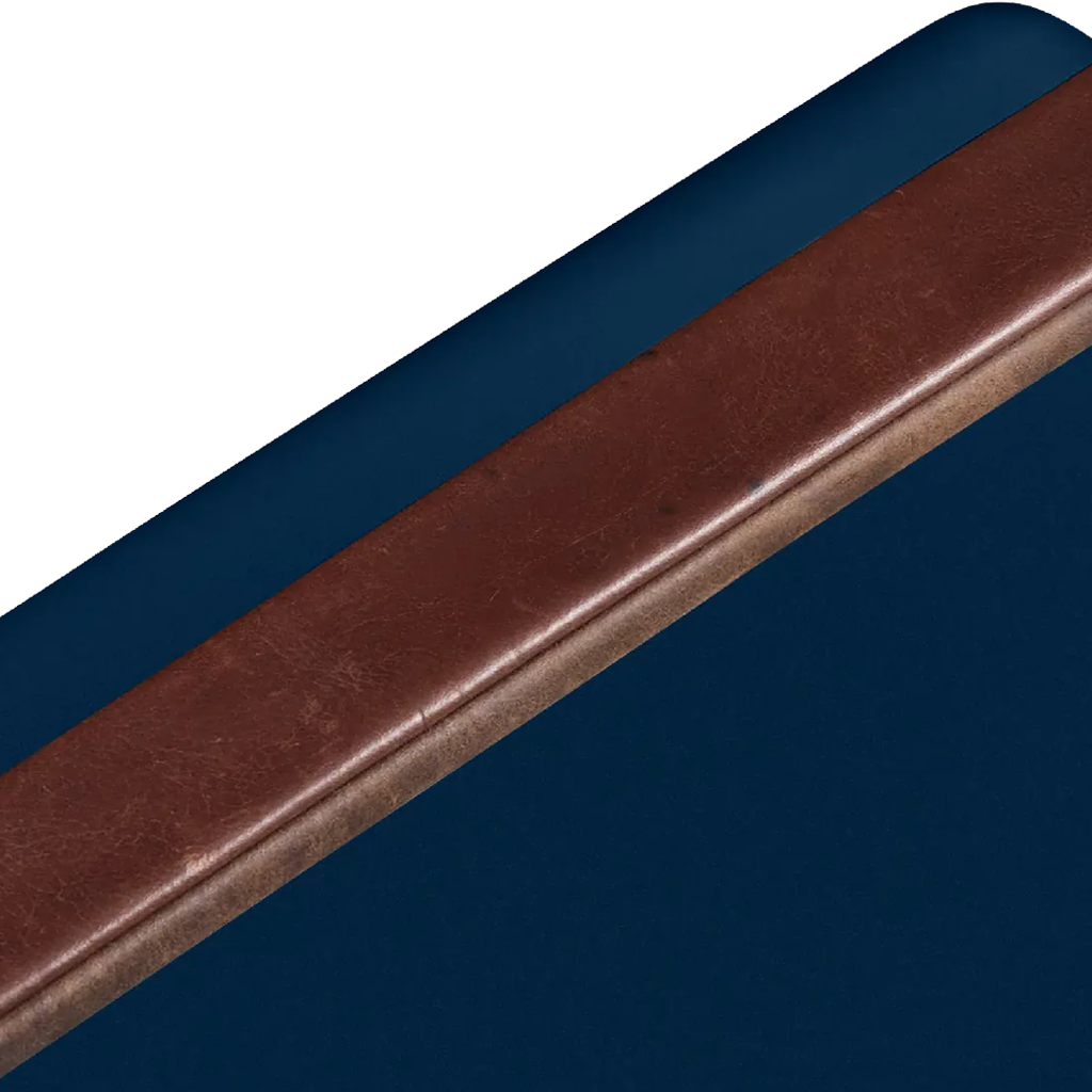 Close up image up the leather wrapped handle on the navy blue FIELDBAR cooler