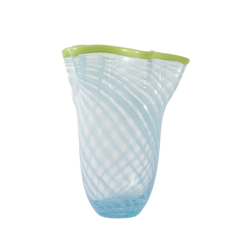 Blue glass vase with green rim on a white background