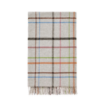 A folded plaid throw blanket with a light grey base and multicolor lines in brown, green, pink, and blue, finished with a fringed edge.