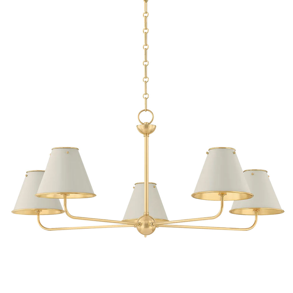 A five-light chandelier with a polished gold/brass-finished metal frame and five tapered off-white fabric shades, suspended by a matching chain against a plain white background.