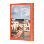 Book cover with an orange border featuring a scenic view of buildings and water.
