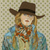 A stylized portrait artwork of a woman wearing a brown cowboy hat, a blue patterned jacket, and a floral scarf, set against a repeating floral background.