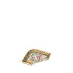 Decorative ceramic fan-shaped item with colorful designs on a white background