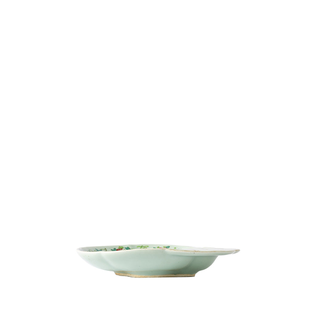 A small ceramic plate with a pale celadon green glaze and a delicate multicolor floral pattern along the rim, shown against a solid white background.