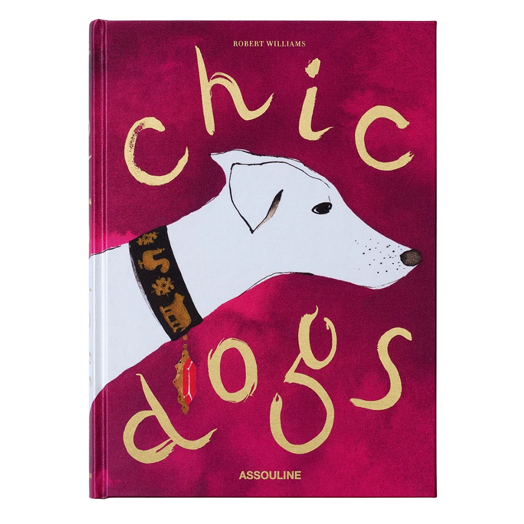 Book cover of 'Chic Dogs' by Assouline with a dog illustration on a red background