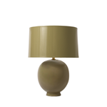 Green table lamp with a matching shade on a white background
