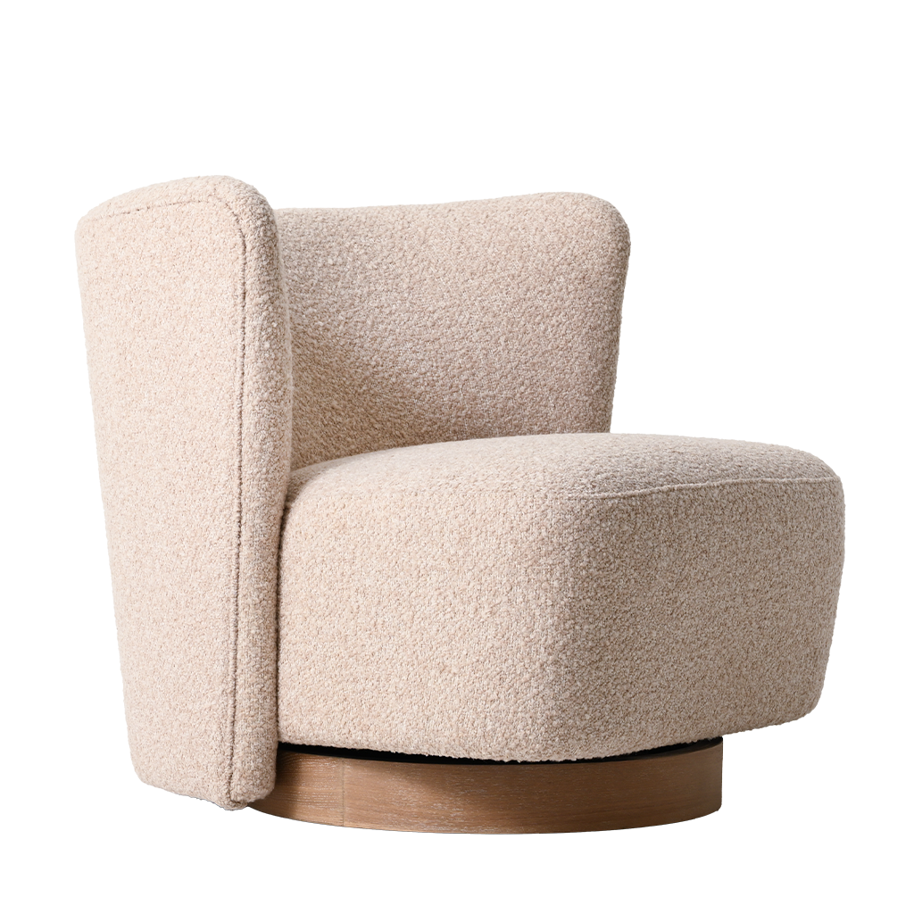 Beige armchair with wooden base on a white background