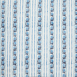 A close-up of a fabric pattern featuring vertical stripes in light blue, white, and dark navy blue, with repeating floral motifs.