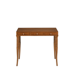 Wooden desk with three drawers on a white background