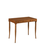 Wooden desk with three drawers on a white background