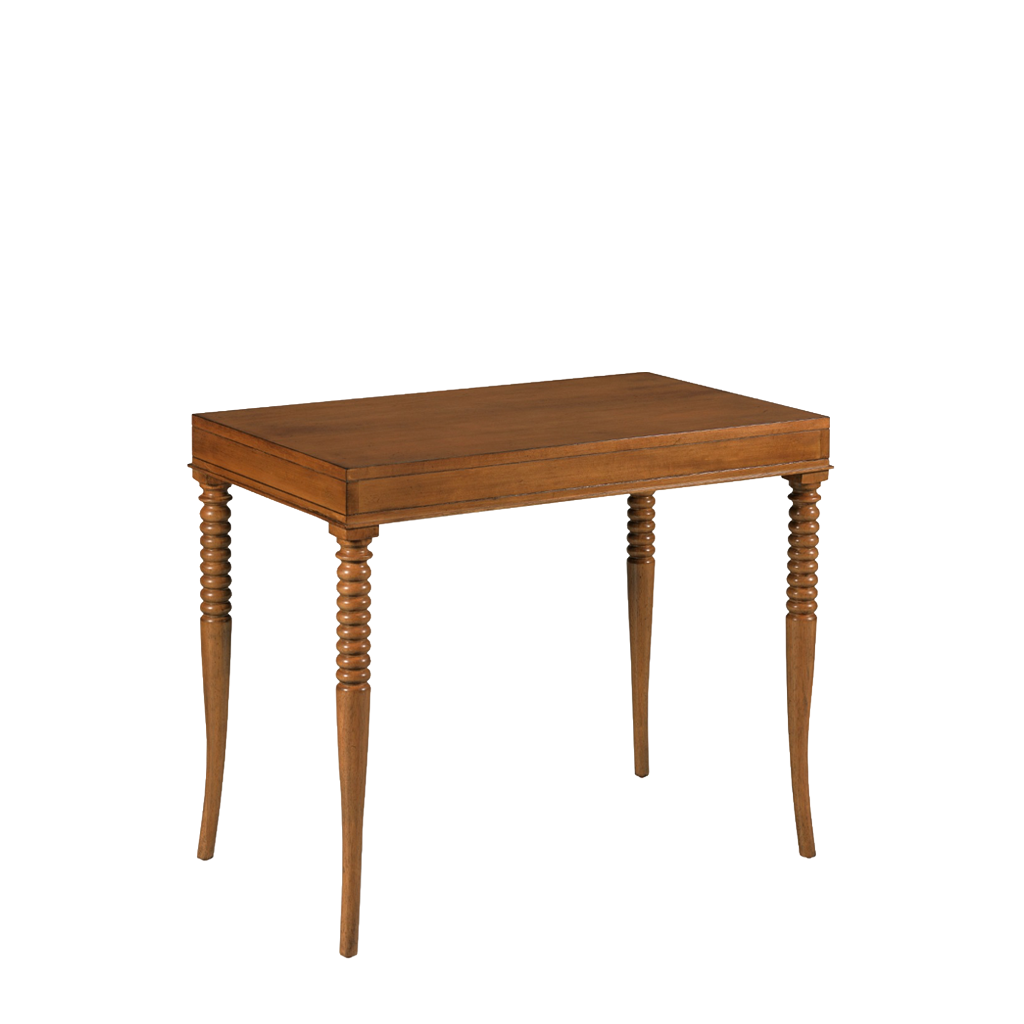 Wooden table with spiral legs on a white background