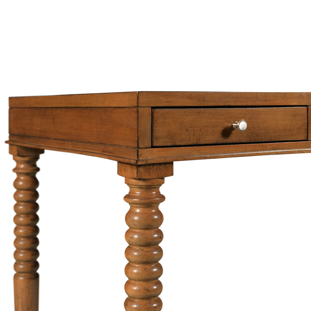 Wooden desk with a drawer on a white background