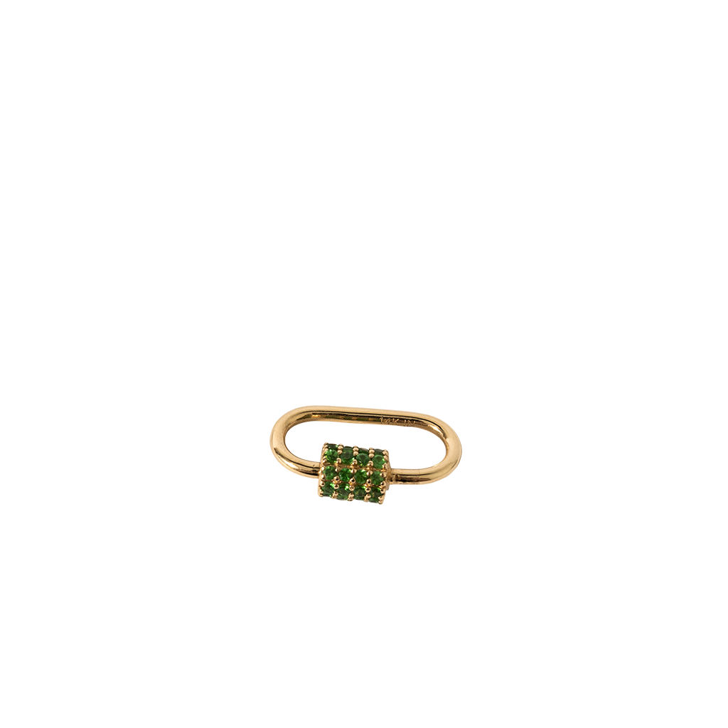 Gold lock-shaped jewelry with green stones on a white background